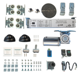Collection of automatic door components including motors, controllers, and sensors on a white background.