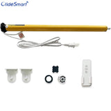 An electric roller blind tubular motor kit by Olidesmart, including the motor itself, mounting brackets, a remote control, and other installation accessories.